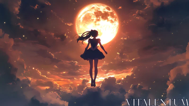 Silhouetted girl ascends toward luminous full moon in anime sky