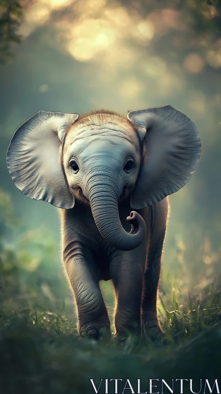 Sunlit baby elephant strolling through a soft forest glow.