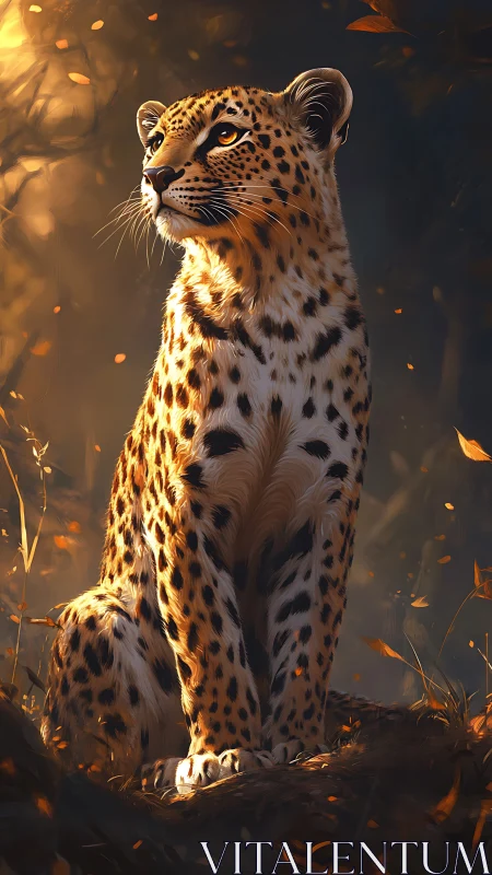 Autumn-lit leopard sentinel basking in drifting golden embers.