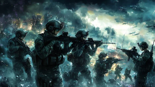 Stormfront fireteam advances through neon-scorched war zone.