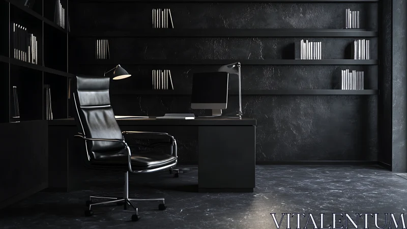 Minimalist black office exudes sleek, high-end sophistication.
