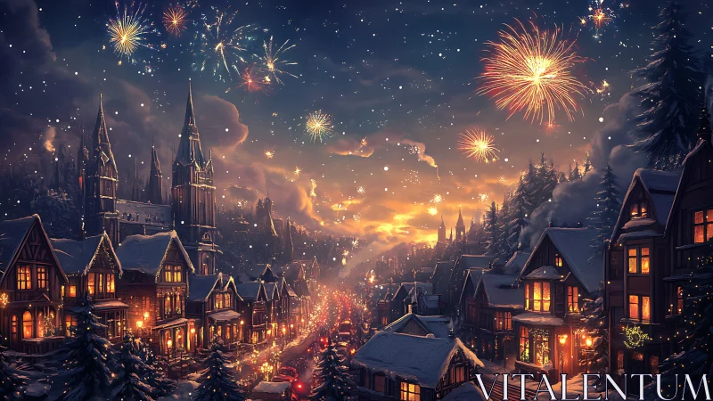 Winter townscape under fireworks and evening snowfall.