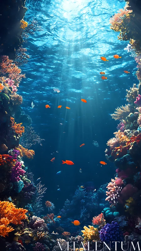 Colorful coral reef canyon with tropical fish under sunlight.
