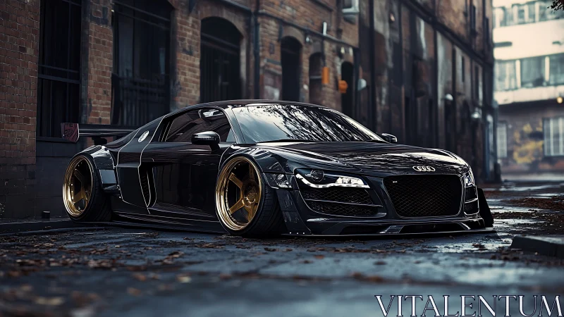 Lowered black Audi R8 dominates wet urban alleyway scene