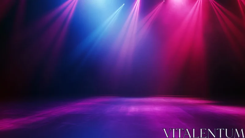 Empty stage waits while neon spotlights rehearse applause