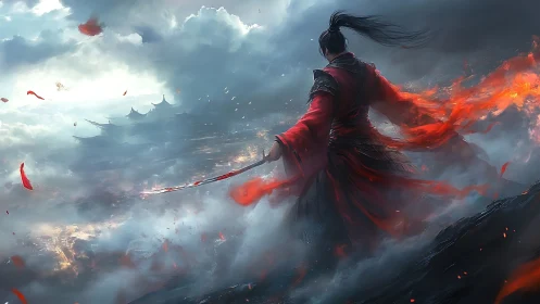 Blade of stormfire strides above a drowned celestial city.