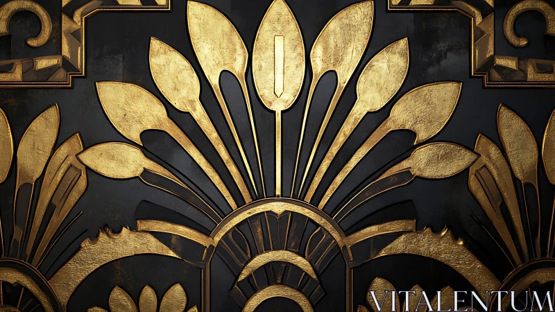 Gold art deco floral relief on dark textured background.