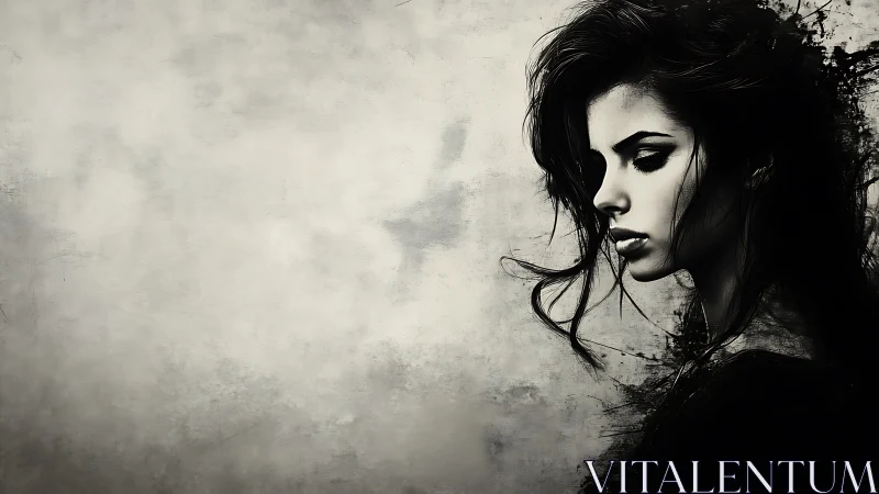 Monochrome muse dissolving into storm-kissed shadows.