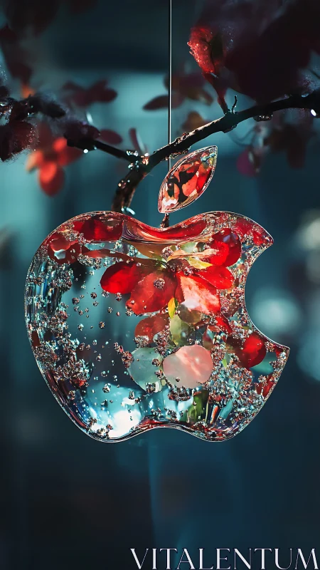 Glass apple-shaped pendant contains suspended floral elements