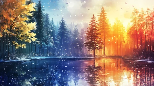 Bifurcated seasonal forest reflected across chromatic lake.