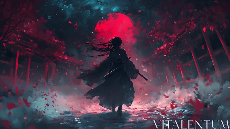 Silhouetted swordsman stands beneath a red moon in mist