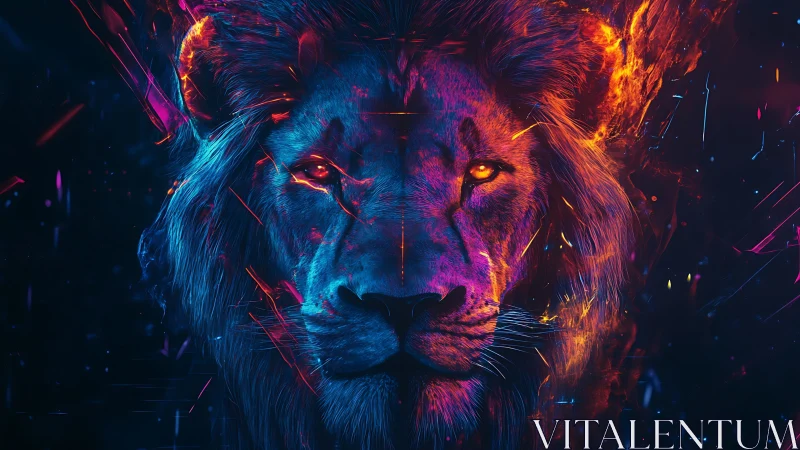Bioluminescent neon lion portrait with symmetric frontal gaze