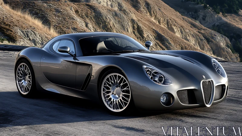 Grey luxury sports coupe parked on mountain roadside.
