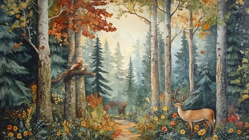 Autumn forest clearing with deer, birds and dense foliage.