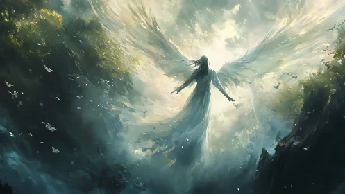 Luminous winged figure rising in stormy, radiant sky.