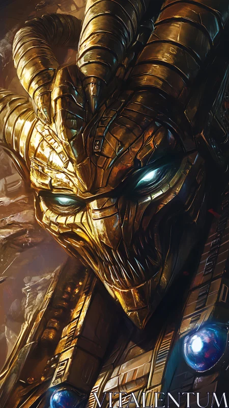 Gilded horned mechanoid warlord with luminescent ocular cores