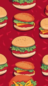 Seamless hamburger pattern with stylized shading and flat color layering