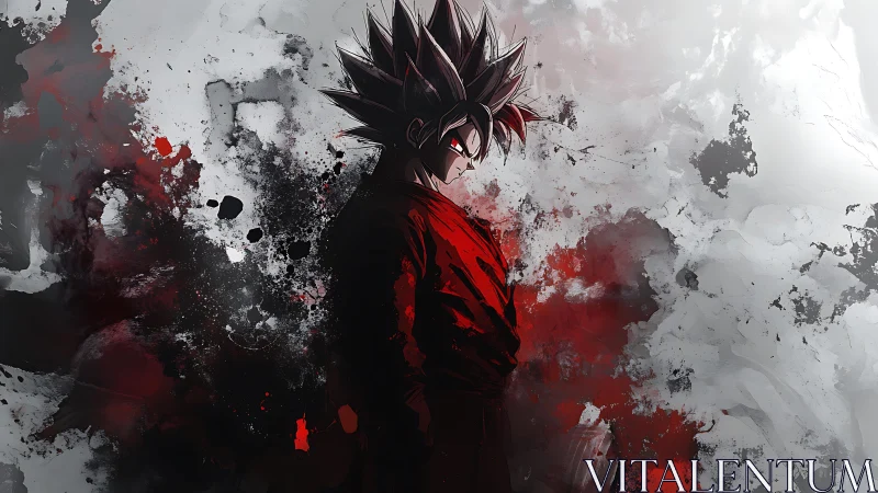 Dark anime warrior in red amid abstract ink storm.