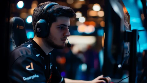 Esports competitor focuses on intense match under arena lights