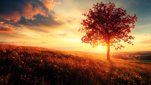 Solitary tree on wildflower hillside at low sun angle.