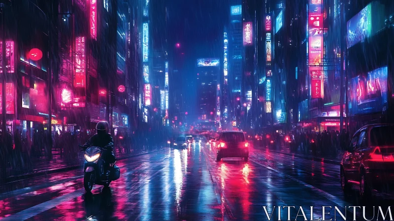 Neon soaked cyberpunk city street glows under heavy rain