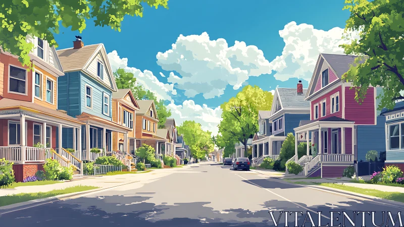Color-graded suburban streetscape with stylized vernacular homes.