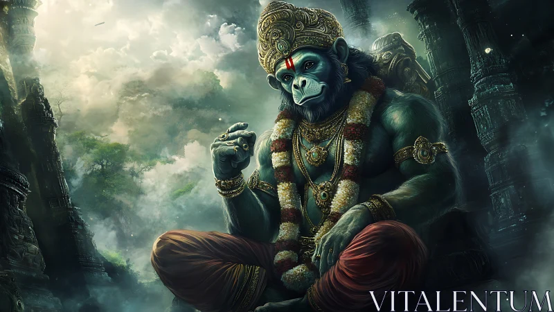 Regal simian deity seated amid misty ancient ruins.