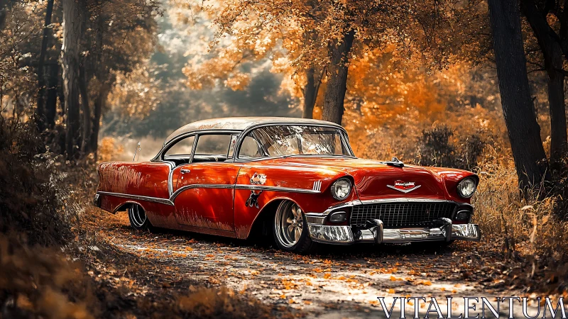 Classic red Chevrolet parked on autumn forest path