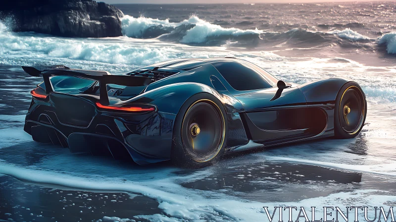 Sleek black supercar parked on wet ocean shoreline.
