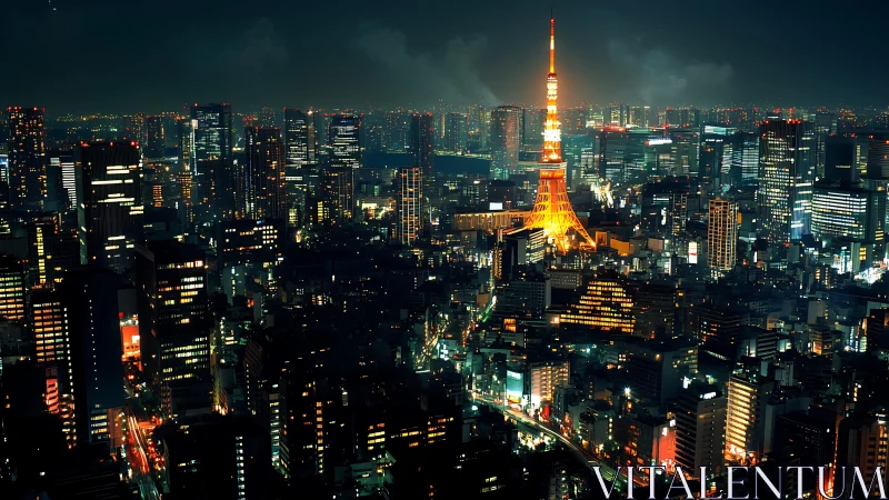 Tokyo urban skyline at night with illuminated central tower.