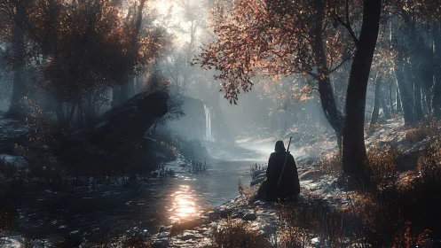 Wanderer resting by a misty forest river at first light.