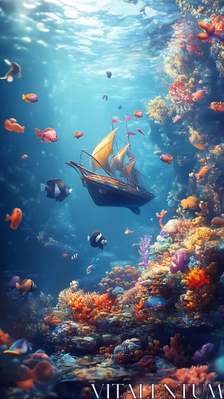 Digital painting of coral reef shipwreck with vibrant schools of fish.