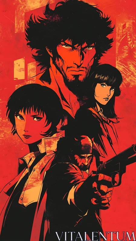 Neo-noir quartet under high-contrast red vector chiaroscuro.