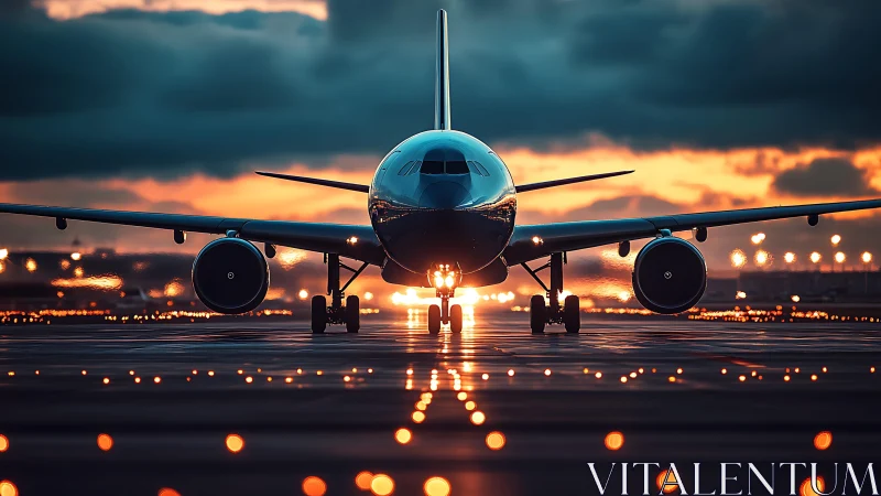 Photorealistic airliner on runway axis at sunset alignment.