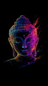 Neon meditative Buddha portrait in fluid line glow art.