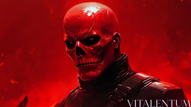 Red skeletal humanoid figure in uniform against red field.