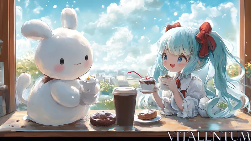 Pastel anime café scene with plush rabbit and girl sharing desserts