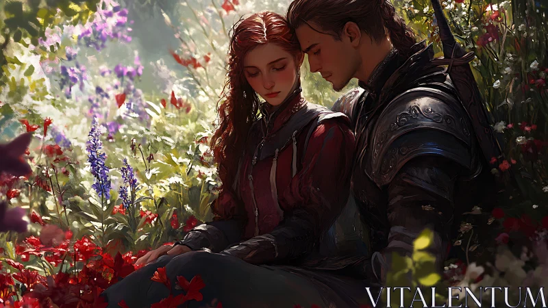 Two figures in ornate armor positioned within flower garden setting