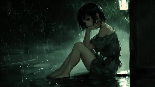 Solitary girl in rainlit doorway, contemplative night mood.