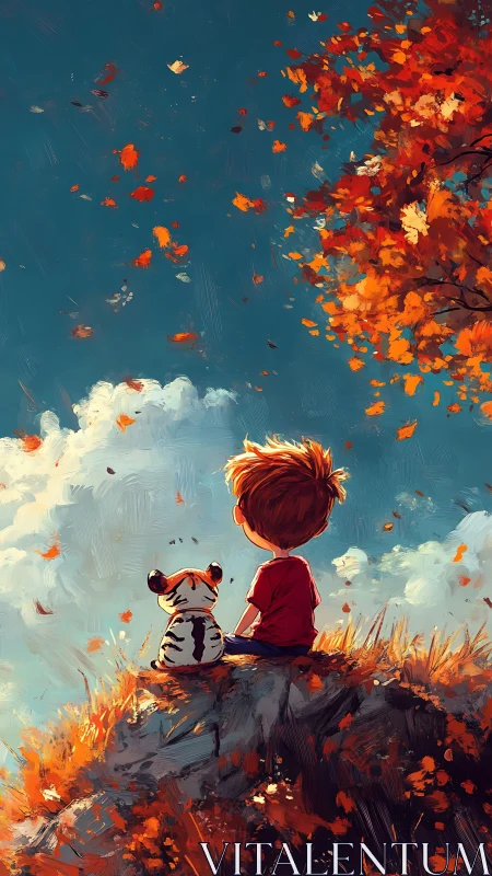 Child and toy tiger observe autumn sky in stylized panorama