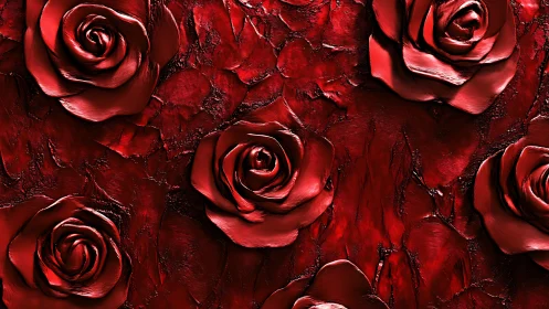 Metallic crimson roses over textured impasto backdrop.
