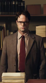 Grim office archivist guards towering paper fortresses.