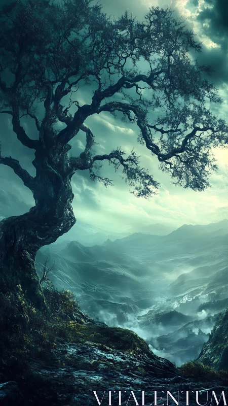 Storm-warped sentinel tree above mist-washed emerald valleys.