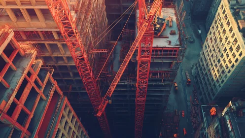 Urban Construction Dreams: Red Cranes Rising Above the City