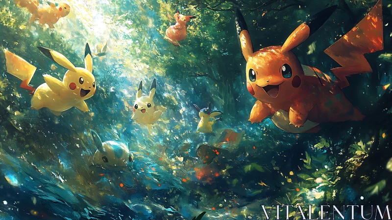 Playful Pikachu friends racing through a glowing forest trail.