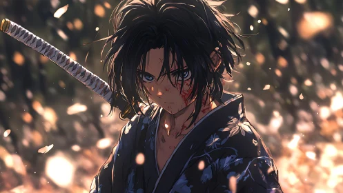 Bloodstreaked samurai stands in glowing forest aftermath