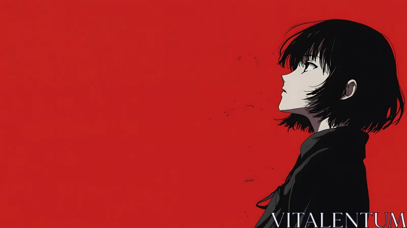 Profiled anime figure against saturated red negative space.