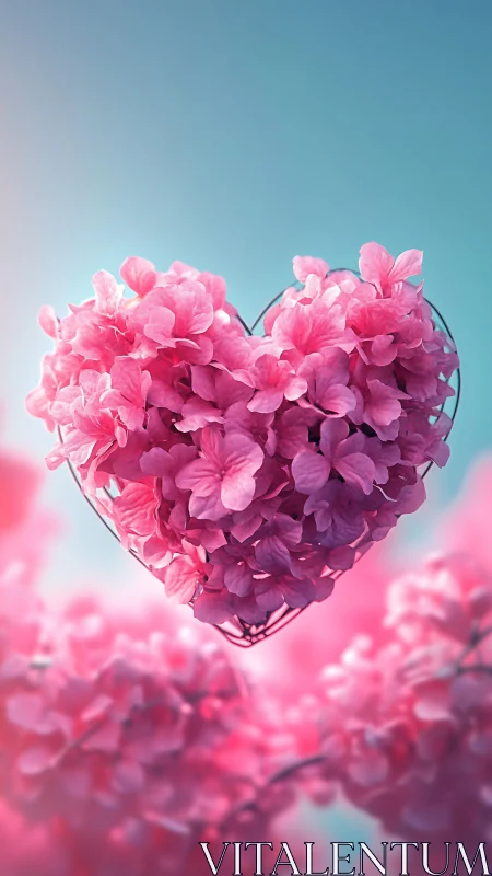 Pink floral arrangement composed into heart shape against blue gradient background