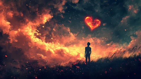 Solitary Figure Watches Burning Sky Heart.