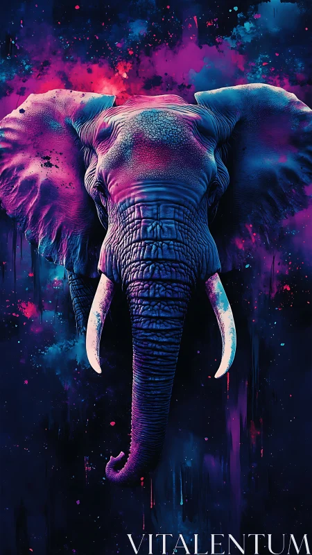 Neon-lit elephant portrait rendered in high-contrast digital style
